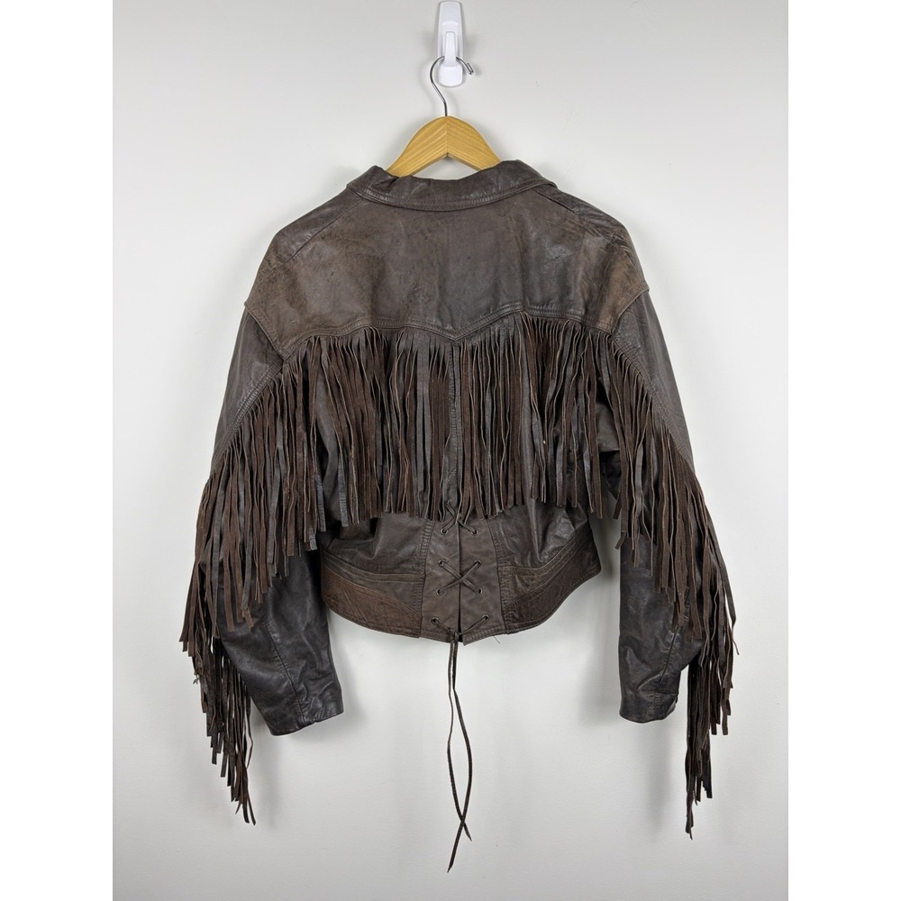 Vintage CHIA Leather Fringe Western Festival Boho Cropped Jacket Lace Up Back M